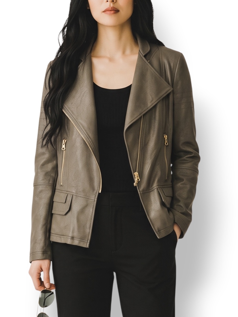 4/$20 Mila & Milan Large Olive Faux Suede Moto Jacket Gold Zips Stretch